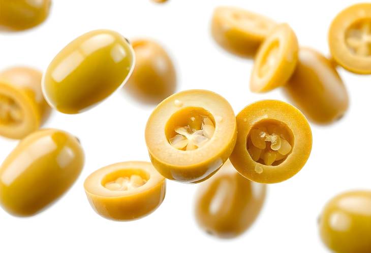 CloseUp of Green Olives in MidAir